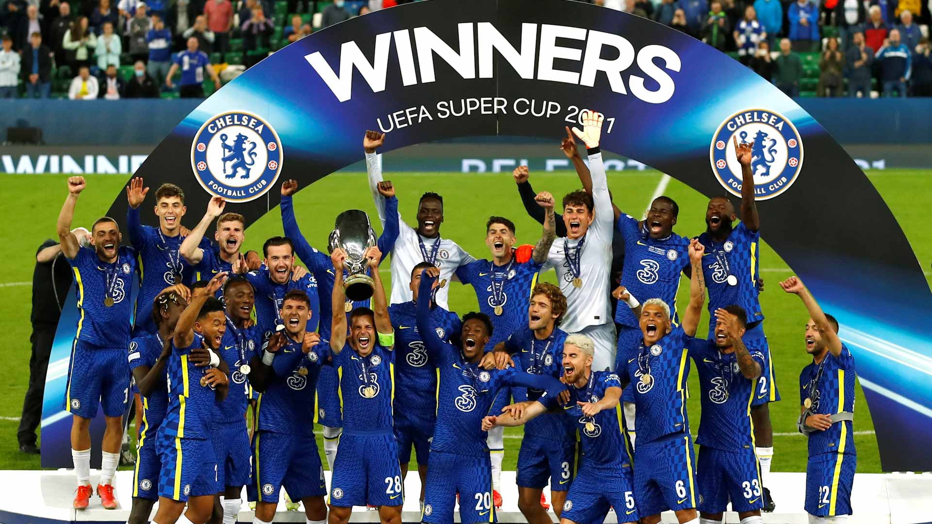 Image for the title: Chelsea add UEFA Super Cup to Champions League trophy 