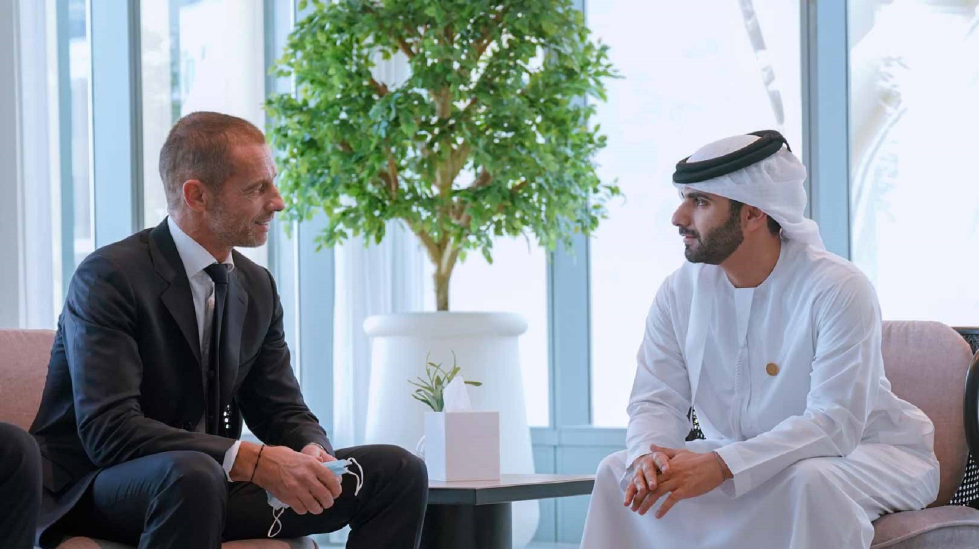 Image for the title: Mansour bin Mohammed meets UEFA President at Expo 2020 Dubai 