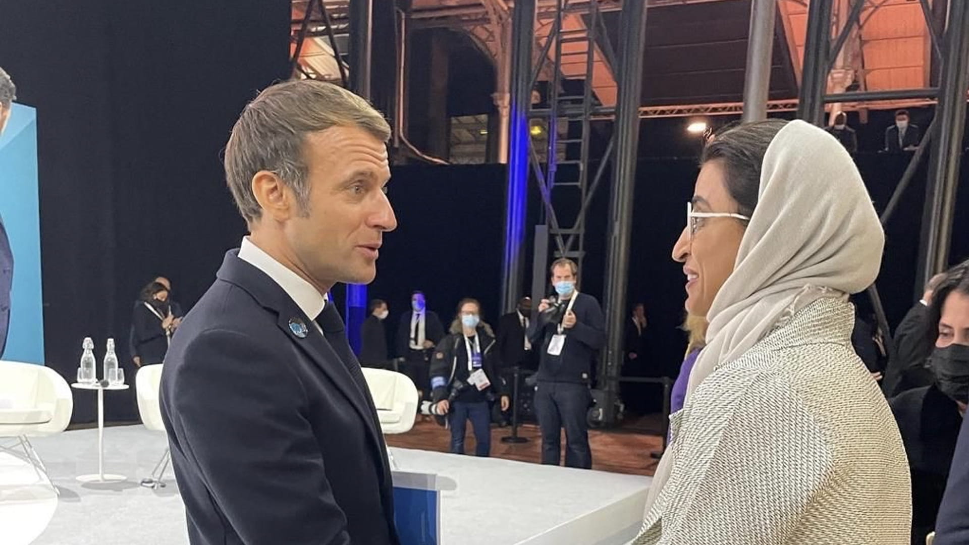 Image for the title: Macron meets Noura Al Kaabi on sidelines of Paris Peace Forum 