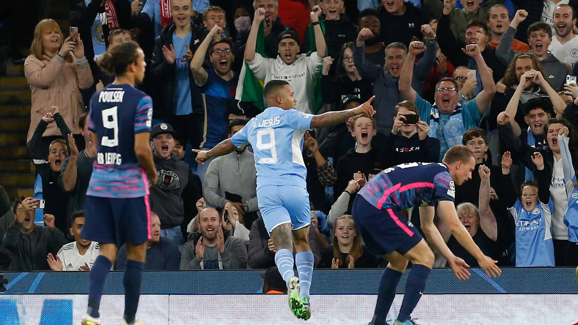 Image for the title: Man City survive Nkunku hat-trick to overwhelm Leipzig 6-3 