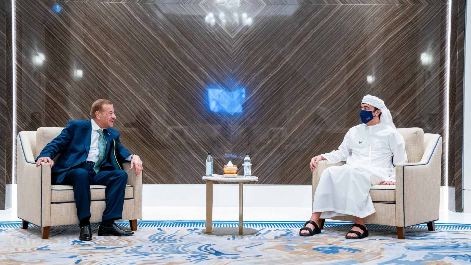 Image for the title: Abdullah bin Zayed receives Speaker of Jordan's House at Expo 