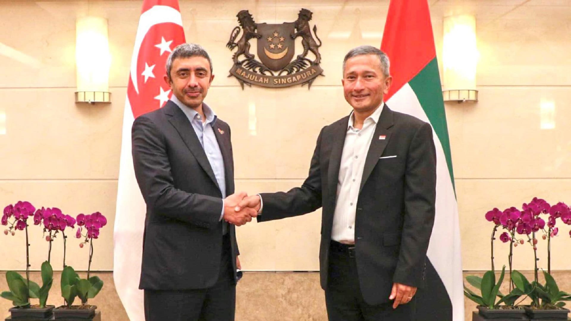 صورة بعنوان: عبد الله بن زايد يلتقي وزير خارجية سنغافورة 