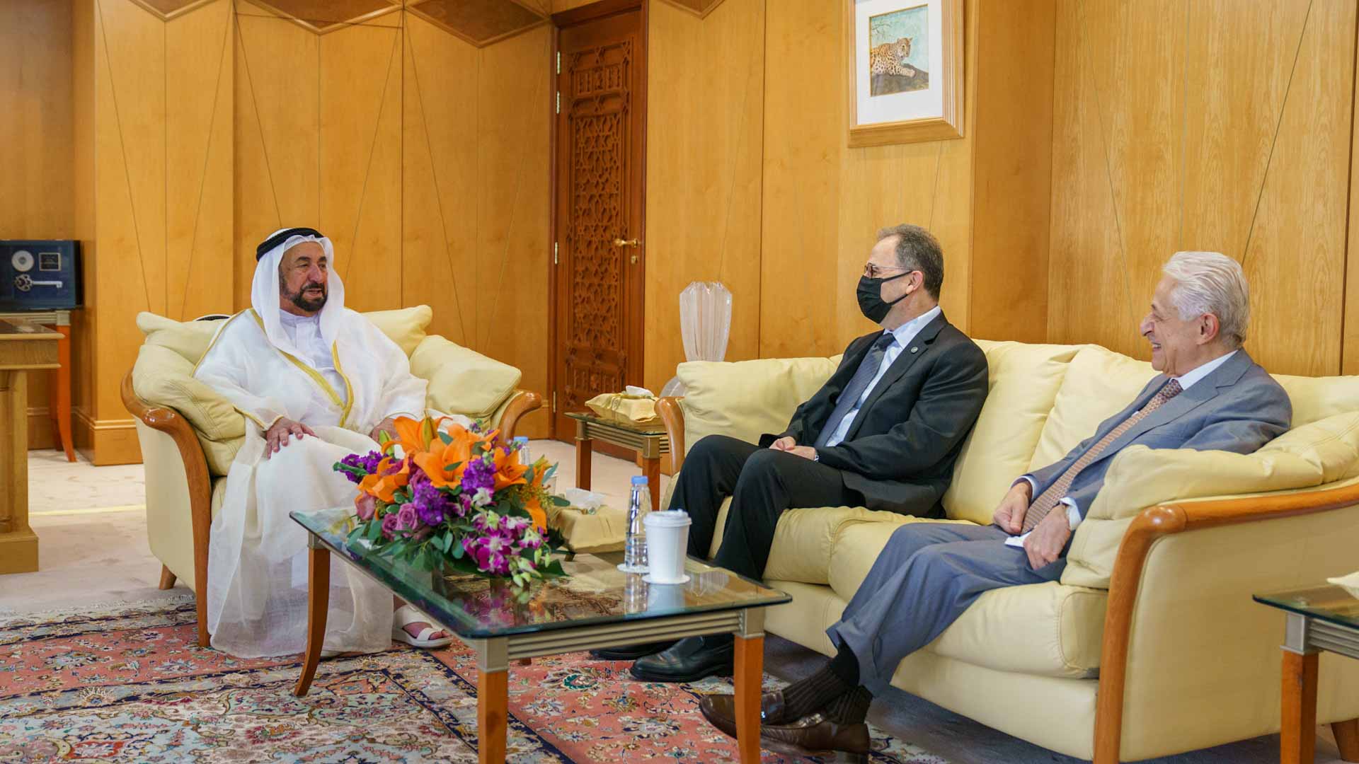 Image for the title: Sharjah Ruler receives President of American University in Cairo 