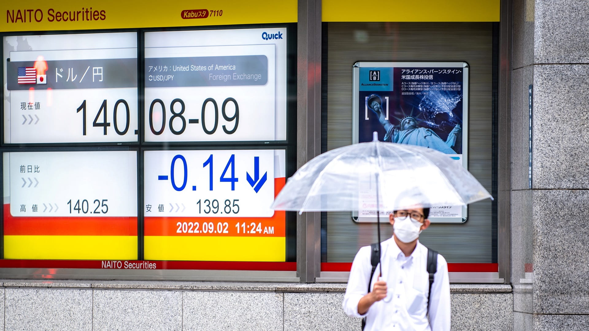 Image for the title: Yen tumbles to 24-year low against dollar as stocks mostly fall 