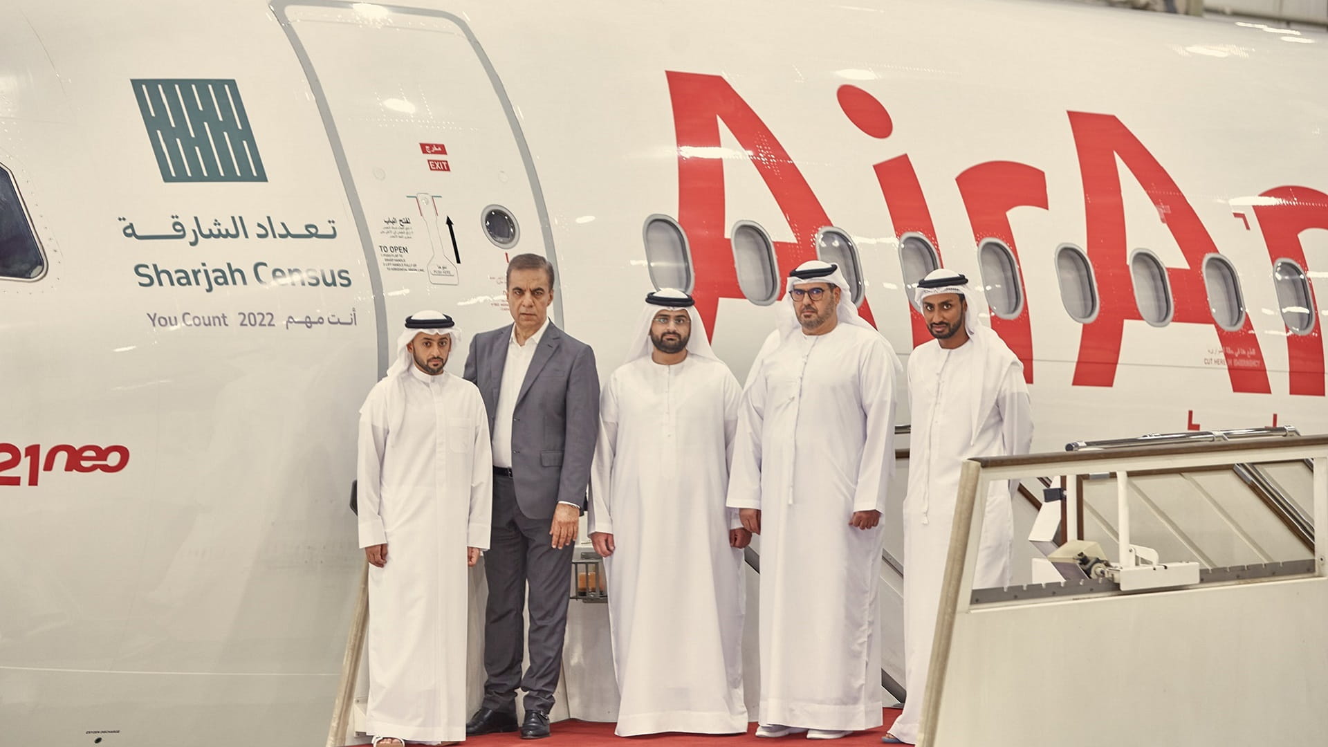 Image for the title: Air Arabia aircrafts display logo of 'Sharjah Census' 