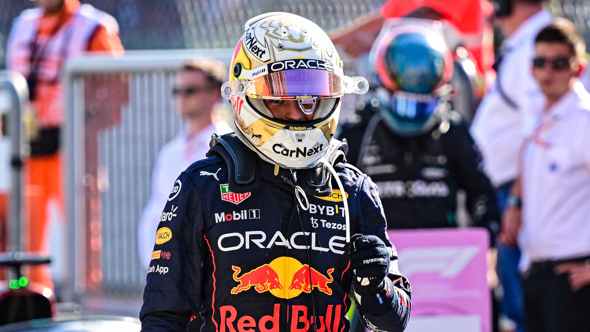 Image for the title: Verstappen wins Italian Grand Prix behind safety car 