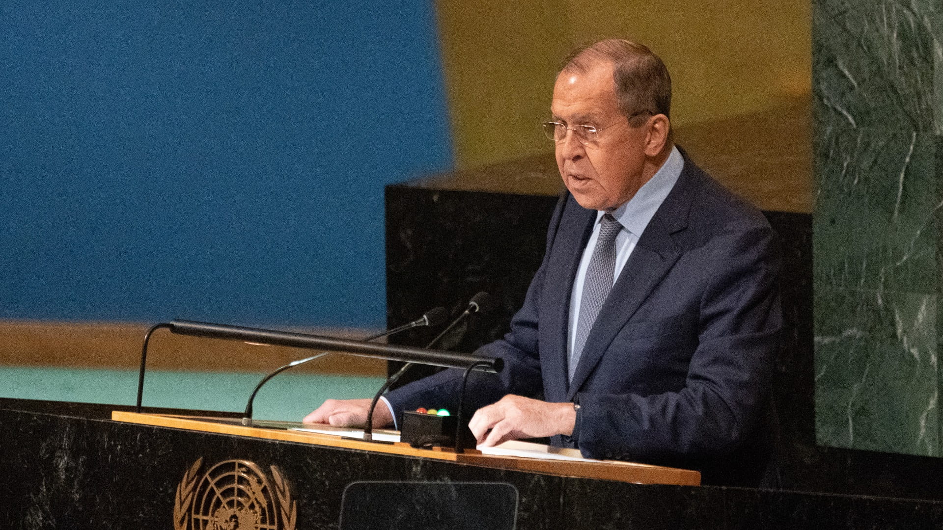 Image for the title: At UN, Russian FM slams West for 'grotesque' Russophobia 