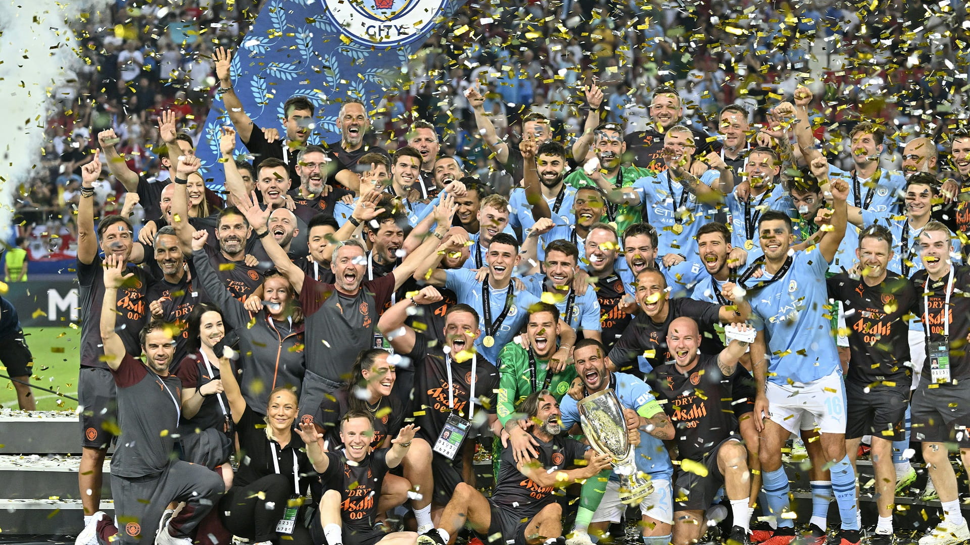 Image for the title: Man City sink Sevilla in shootout to win first Super Cup 