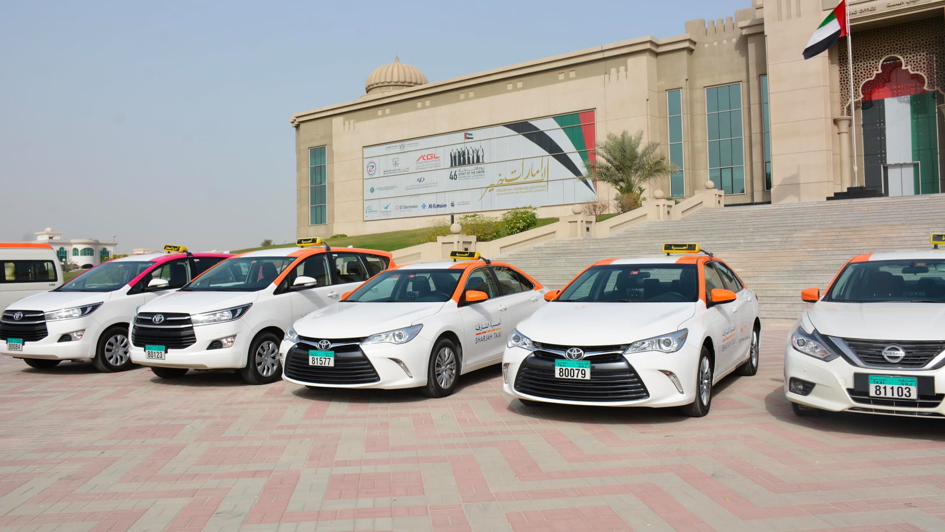 Image for the title: Sharjah Taxi tests Electric Vehicles at Sharjah Airport 
