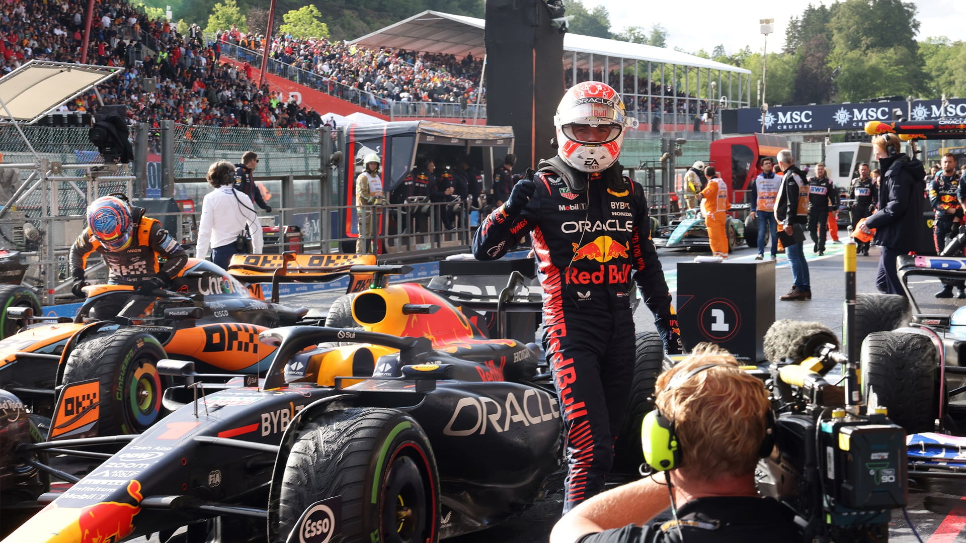 Image for the title: Verstappen wins wet, wild sprint race at Belgian Grand Prix 