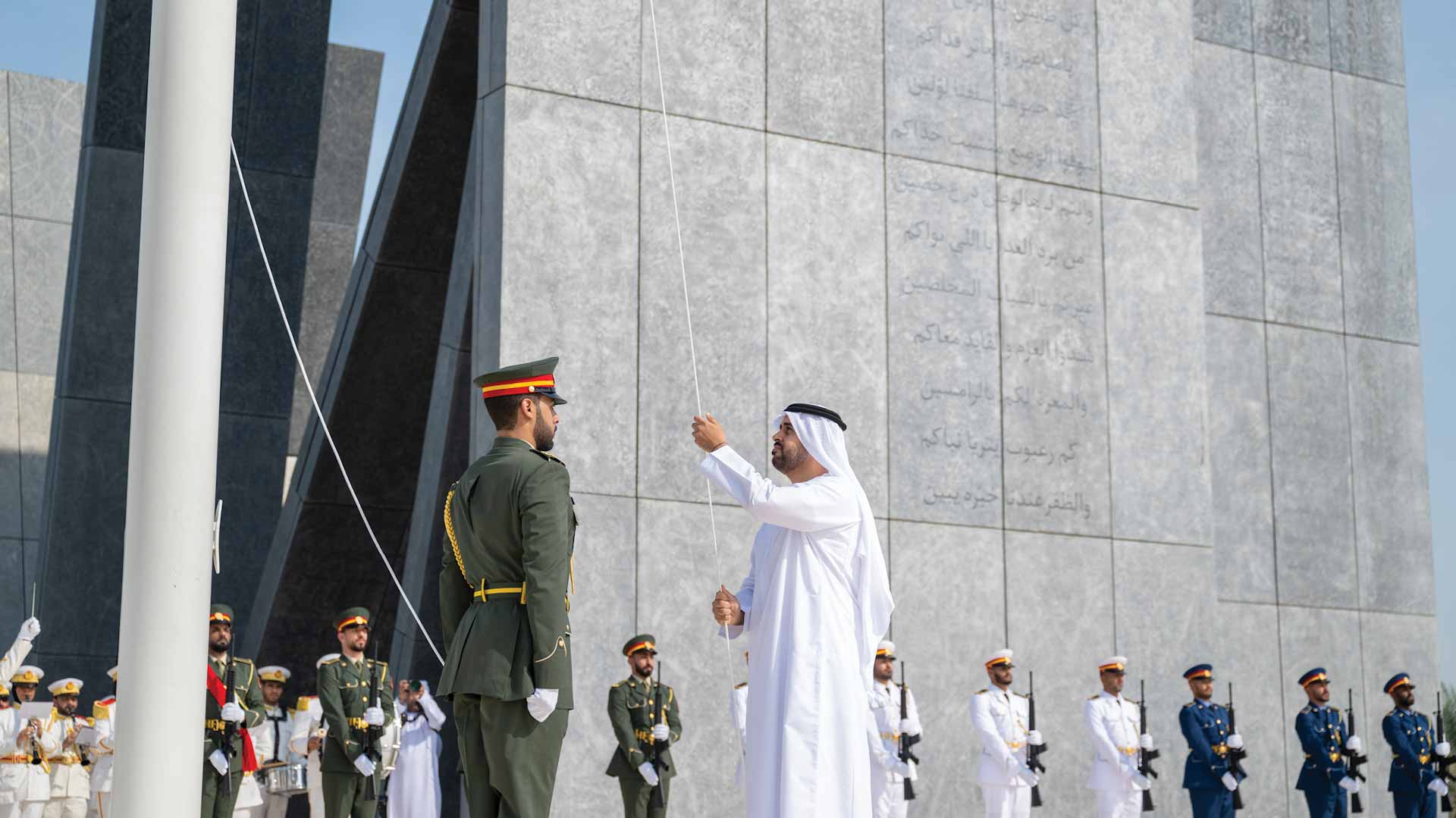 Image for the title: Theyab bin Mohamed bin Zayed raises UAE flag at Wahat Al Karama 