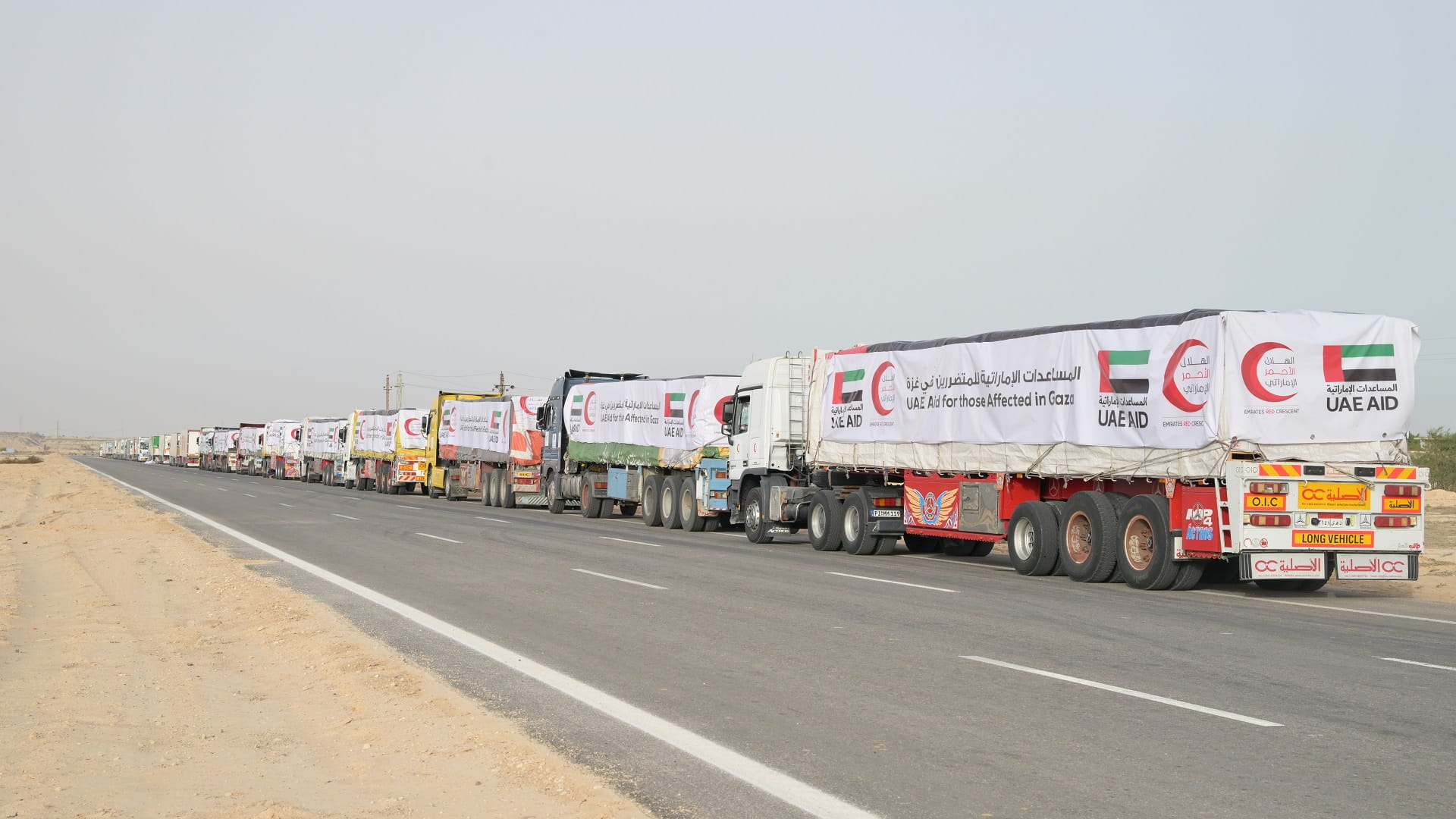 صورة بعنوان: قافلة مساعدات إماراتية تتحرك نحو معبر رفح تمهيداً لإدخالها إلى غزة 