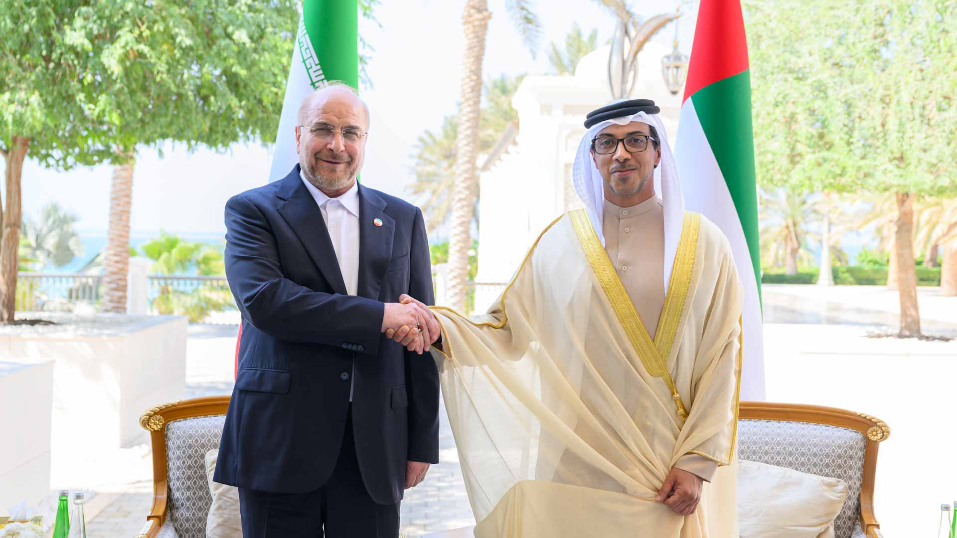 صورة بعنوان: منصور بن زايد يستقبل رئيس مجلس الشورى الإيراني في قصر الوطن 