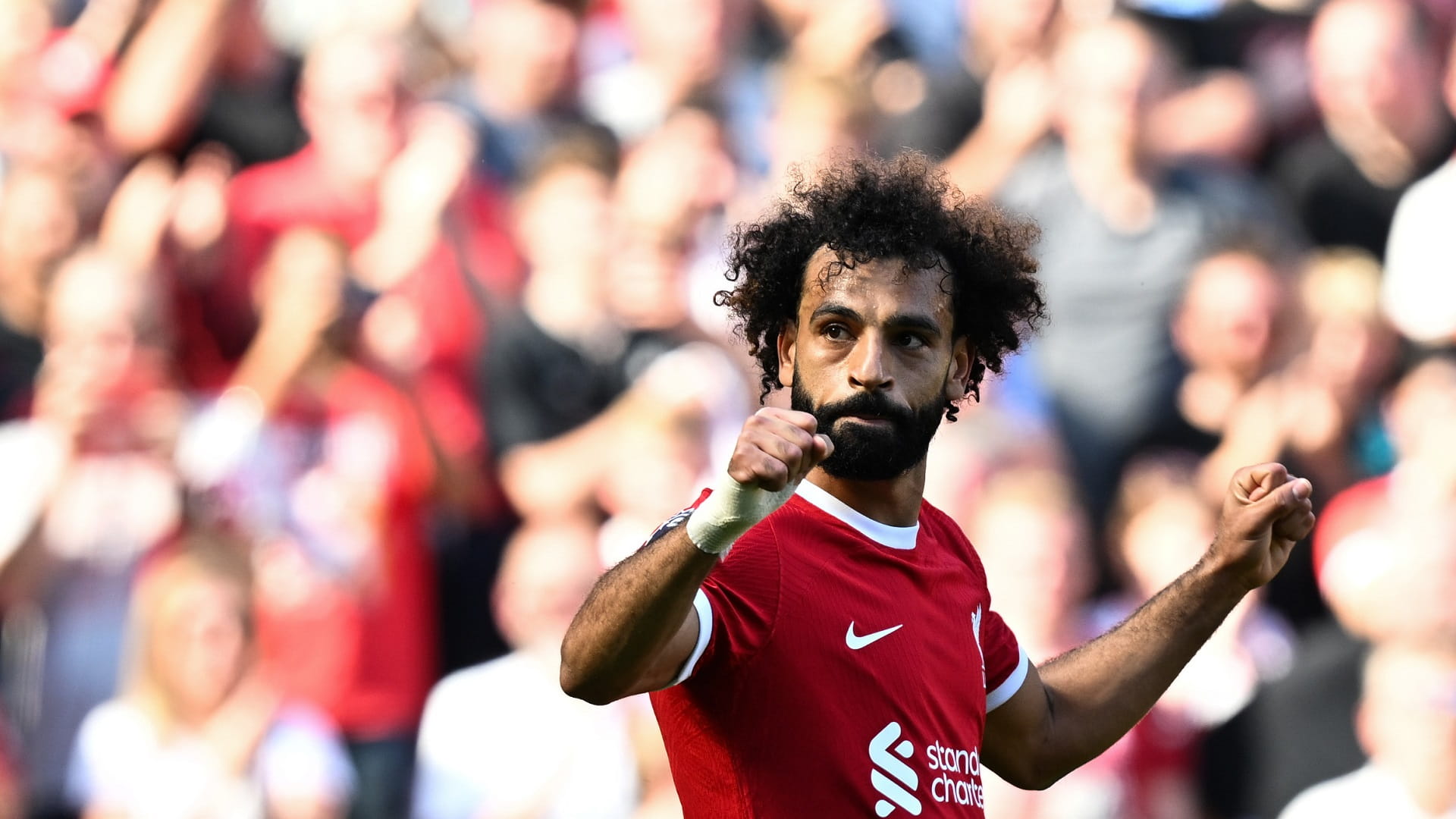 Image for the title: Szoboszlai, Salah score as Liverpool ease past Villa 