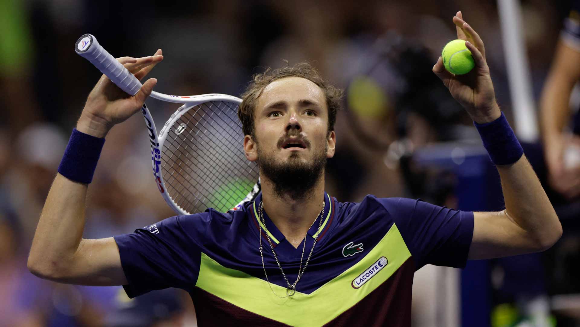 Image for the title: Medvedev defeats Alcaraz to set up rematch with Djokovic 