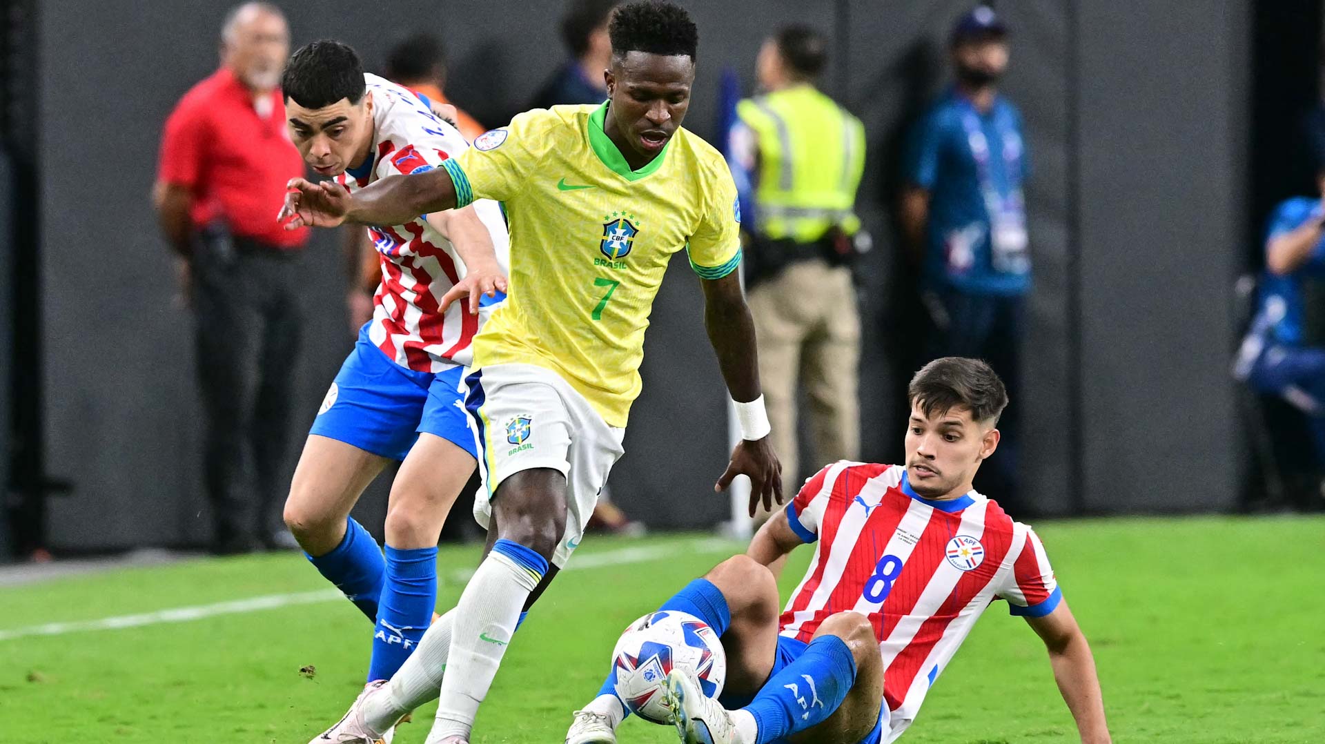Image for the title: Vinicius brace helps Brazil to 4-1 Copa America win over Paraguay 