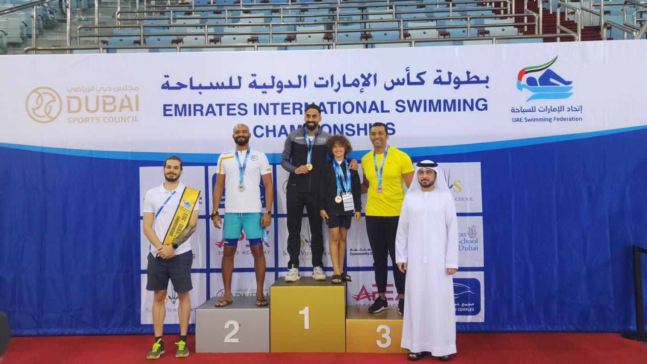 Image for the title: Mleiha wins 8 medals in the Emirates International Swimming Cup 
