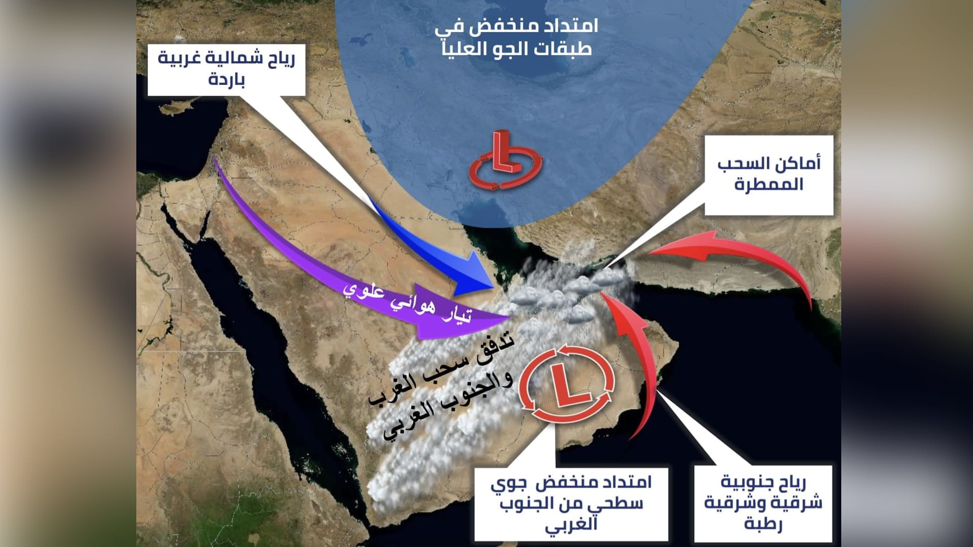 صورة بعنوان: الإمارات تشهد منخفضاً جوياً يؤثر في حالة الطقس من 22 إلى 26 مارس 