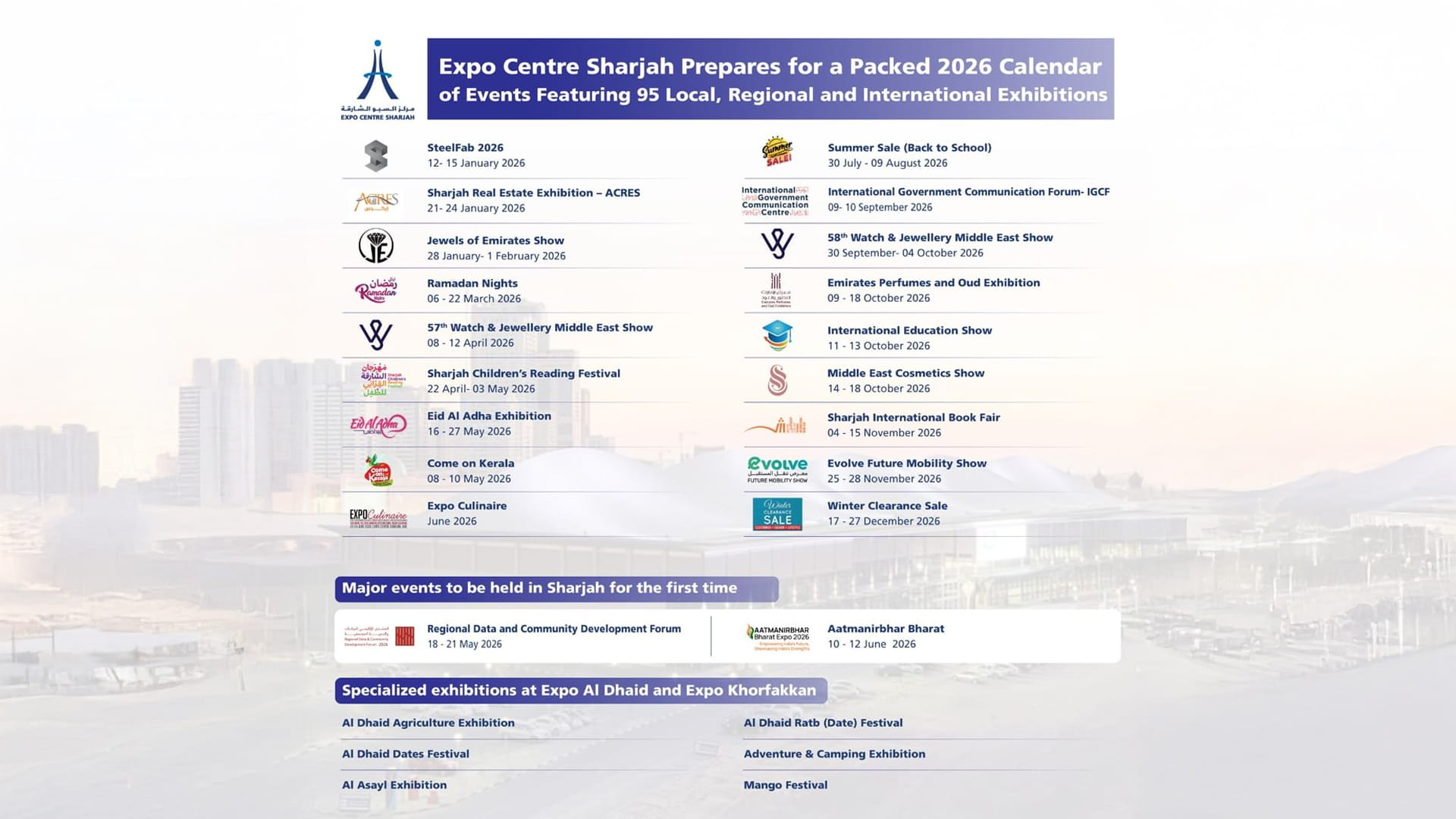 Expo Centre Sharjah unveils 2026 events calendar 