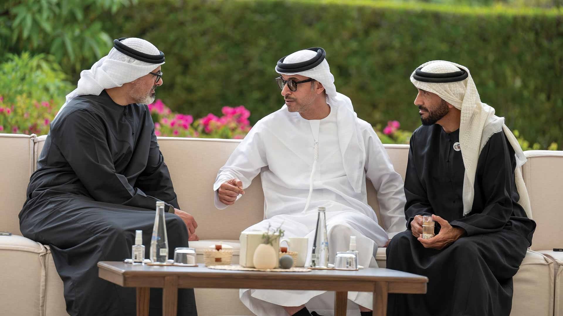 Hazza bin Zayed welcomes Khaled bin Mohamed at Al Maqam Palace 