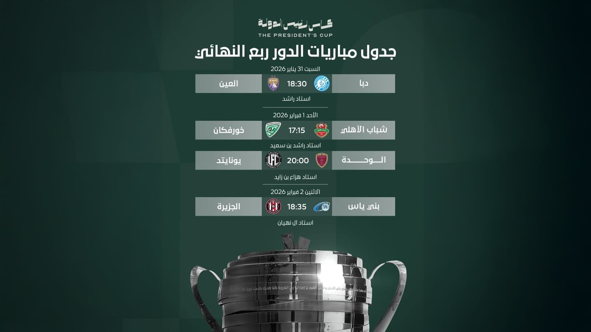 مباريات ربع نهائي كأس رئيس الدولة تنطلق 31 يناير في ملاعب محايدة 