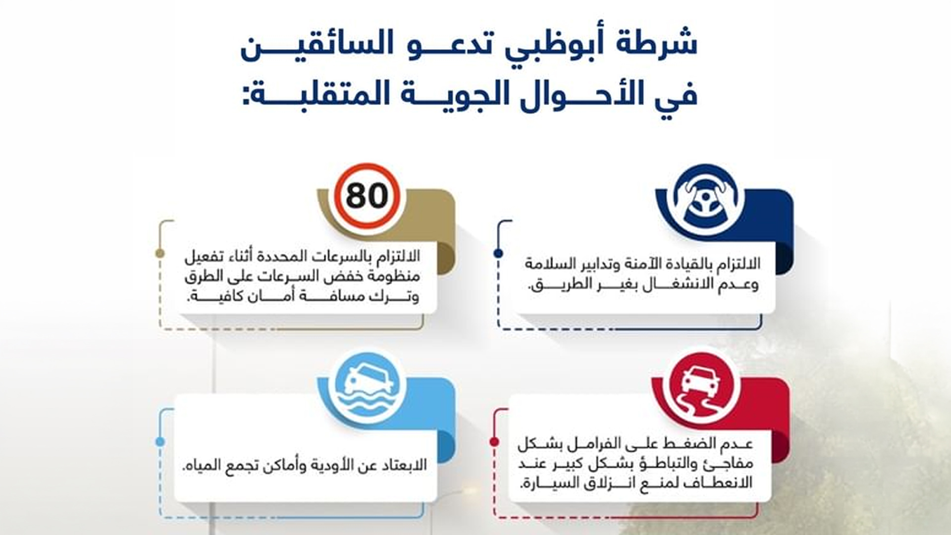 شرطة أبوظبي تحث السائقين على القيادة الآمنة في الأجواء المتقلبة 