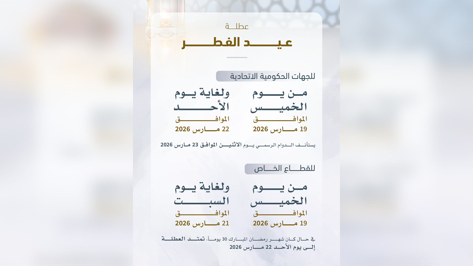  "الموارد البشرية والتوطين" تعلن عن عطلة عيد الفطر من 19 -22 مارس