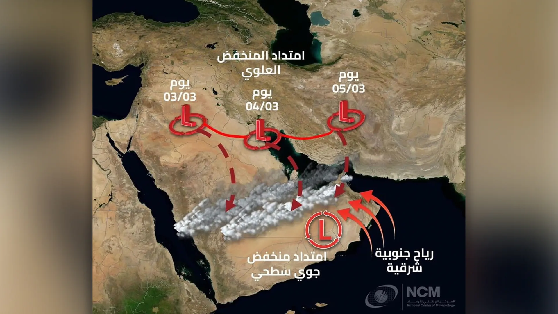 "الوطني للأرصاد": منخفض جوي وأمطار متفاوتة الشدة 4 و5 مارس 