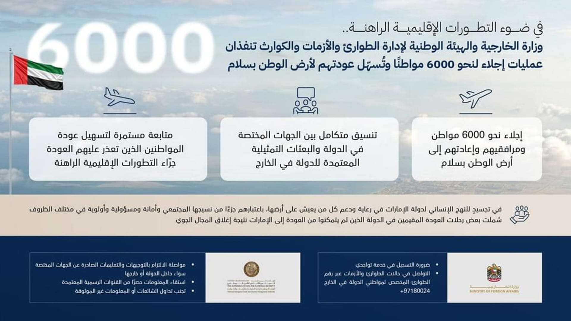 الإمارات تنفذ عمليات إجلاء لـ6000 مواطن وتعيدهم لأرض الوطن بسلام 